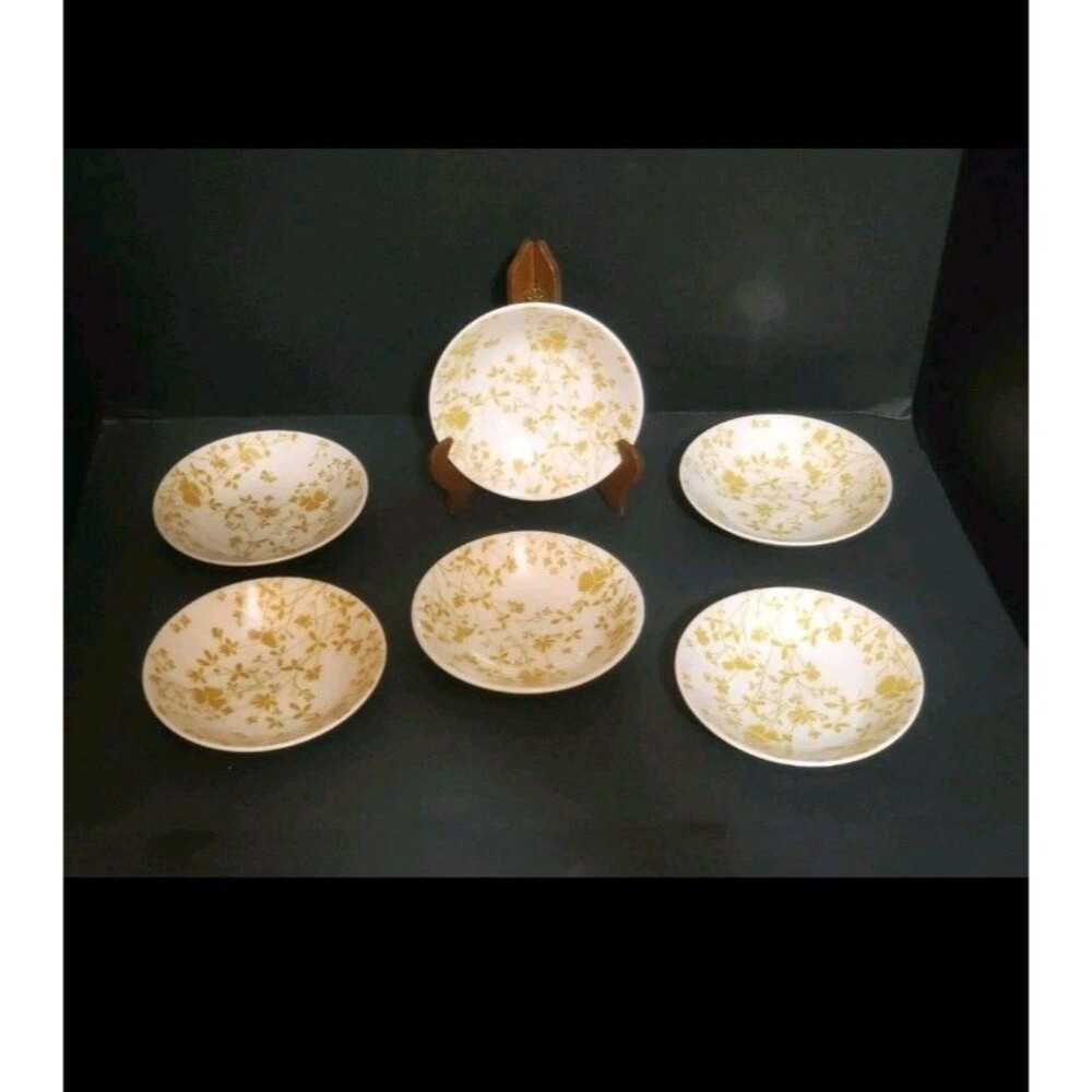 Sheffield Golden Meadow Ironstone Dessert Bowls Floral White Yellow 6pc Set Vtg